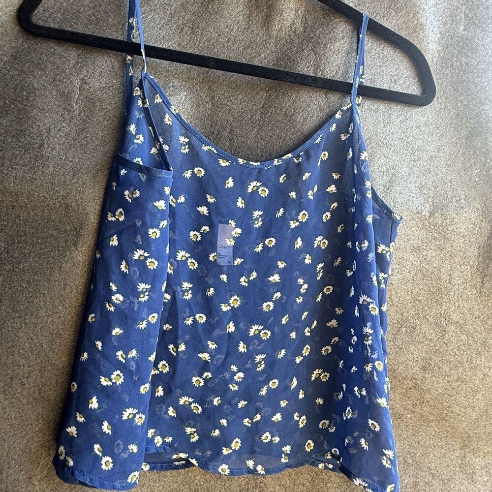 american apparel chiffon Blouse Blue White Flowers Xs Small See Through A14